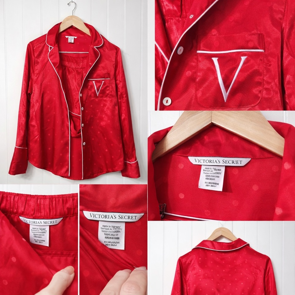 Victoria’s Secret Red Satin Pajama Set Long Sleeve Top Shorts Y2K Loungewear